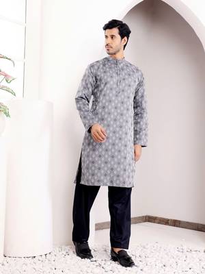 Bluish grey viscose jacquard kurta 4