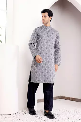 Bluish grey viscose jacquard kurta