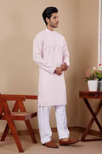 Pink viscose chikankari work kurta