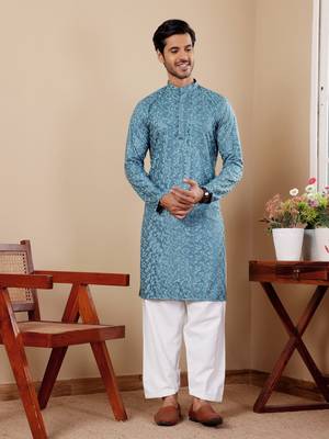 Cyan blue viscose chikankari work kurta 1