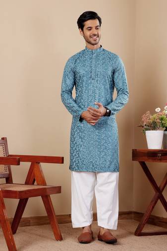 Cyan blue viscose chikankari work kurta