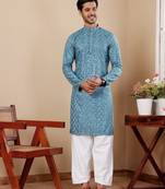 Cyan blue viscose chikankari work kurta