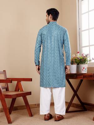 Cyan blue viscose chikankari work kurta 2