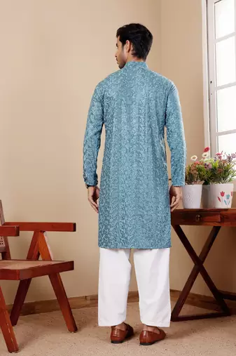 Cyan blue viscose chikankari work kurta
