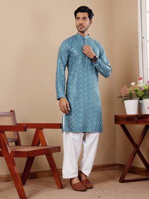 Cyan blue viscose chikankari work kurta 3