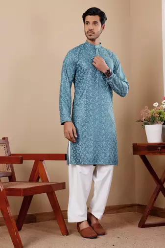 Cyan blue viscose chikankari work kurta