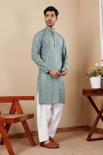 Green viscose chikankari work kurta