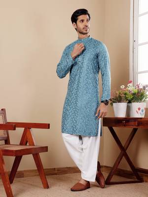 Cyan blue viscose chikankari work kurta 4
