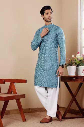 Cyan blue viscose chikankari work kurta