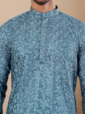 Cyan blue viscose chikankari work kurta 5