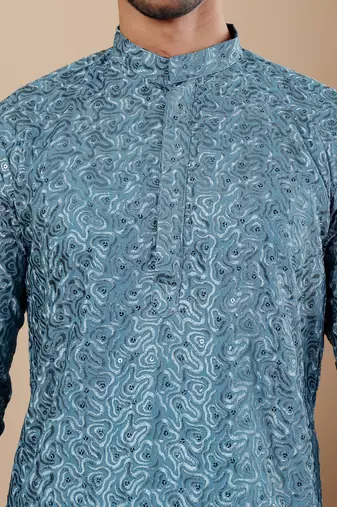 Cyan blue viscose chikankari work kurta