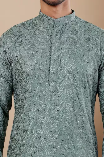 Green viscose chikankari work kurta
