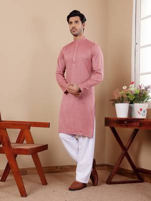 Onion pink viscose chikankari work kurta 4