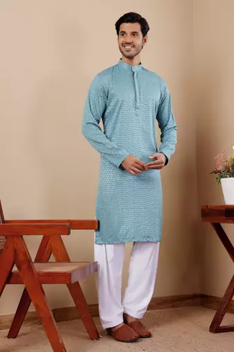 Light cyan blue viscose chikankari work kurta