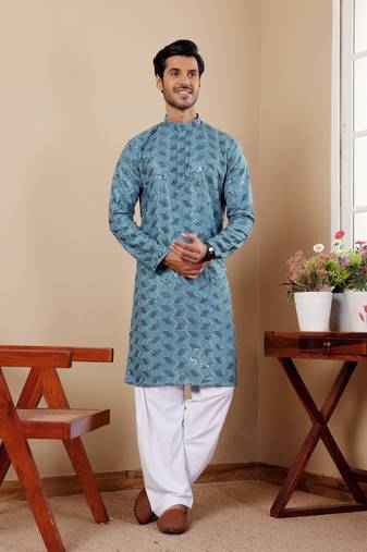 Cyan blue viscose chikankari work kurta