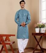Cyan blue viscose chikankari work kurta