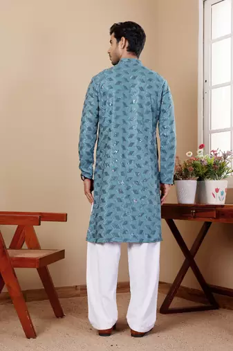 Cyan blue viscose chikankari work kurta