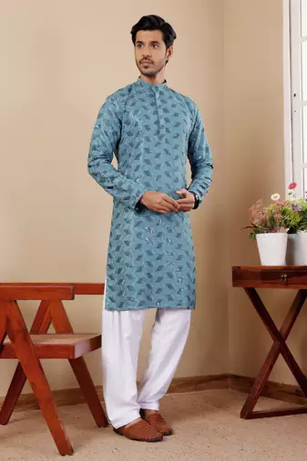 Cyan blue viscose chikankari work kurta