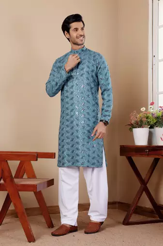 Cyan blue viscose chikankari work kurta