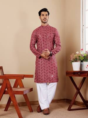 Berry red viscose chikankari work kurta 1