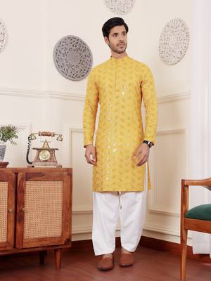 Yellow viscose chikankari work kurta 1