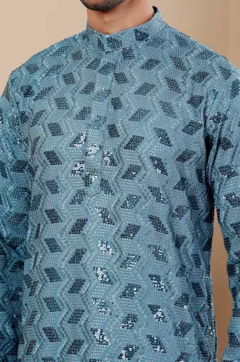 Cyan blue viscose chikankari work kurta