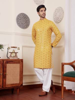 Yellow viscose chikankari work kurta 3