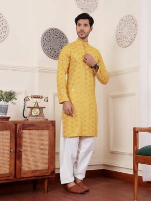 Yellow viscose chikankari work kurta 4