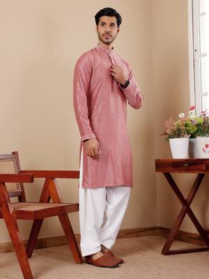 Pastel red viscose chikankari work kurta 3