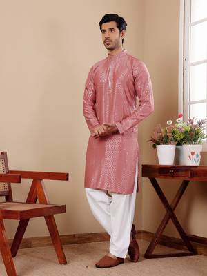 Pastel red viscose chikankari work kurta 4