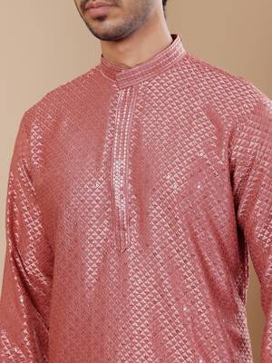 Pastel red viscose chikankari work kurta 5