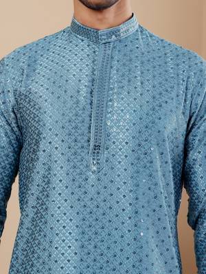 Cyan blue viscose chikankari work kurta 5