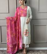 Floral Chanderi Silk Fabric Straight Kurta, Pant and Dupatta Set