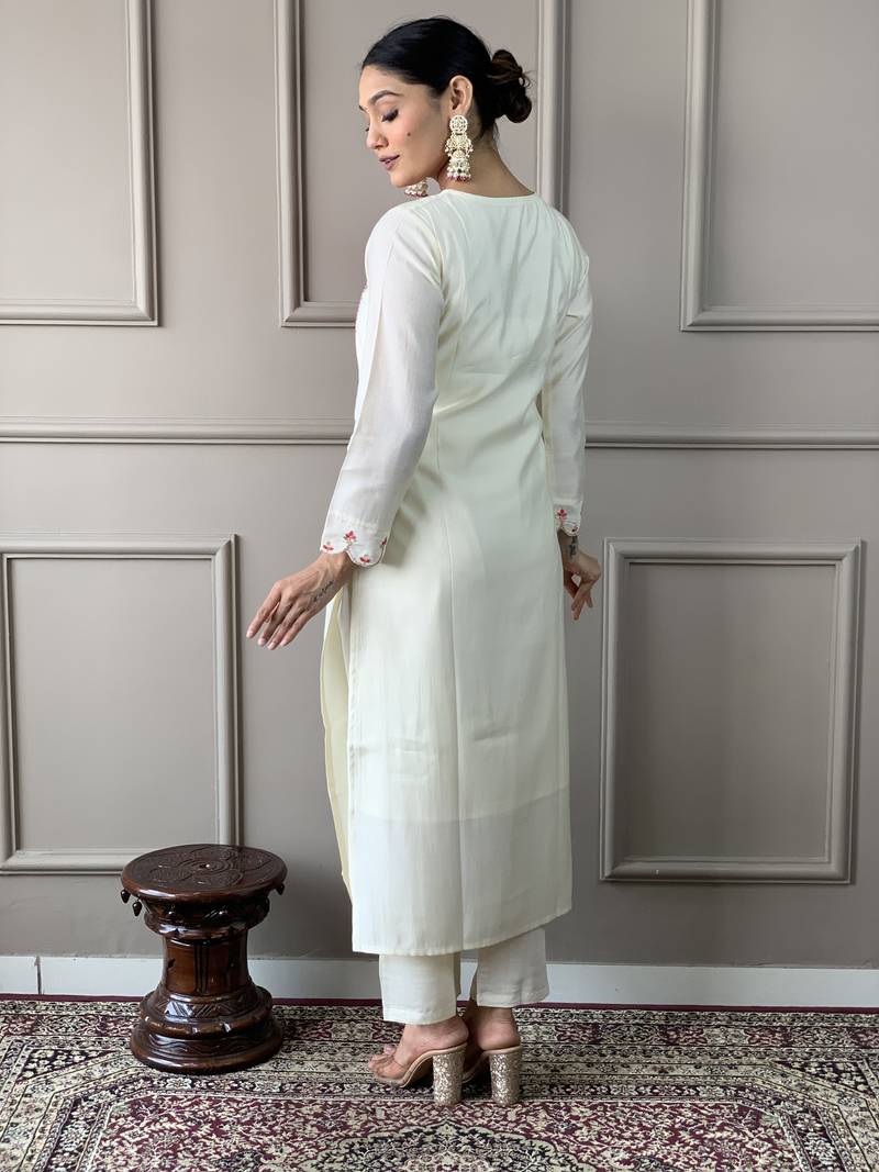 Floral Chanderi Silk Fabric Straight Kurta, Pant and Dupatta Set