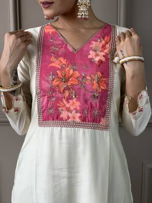 Floral Chanderi Silk Fabric Straight Kurta, Pant and Dupatta Set 4