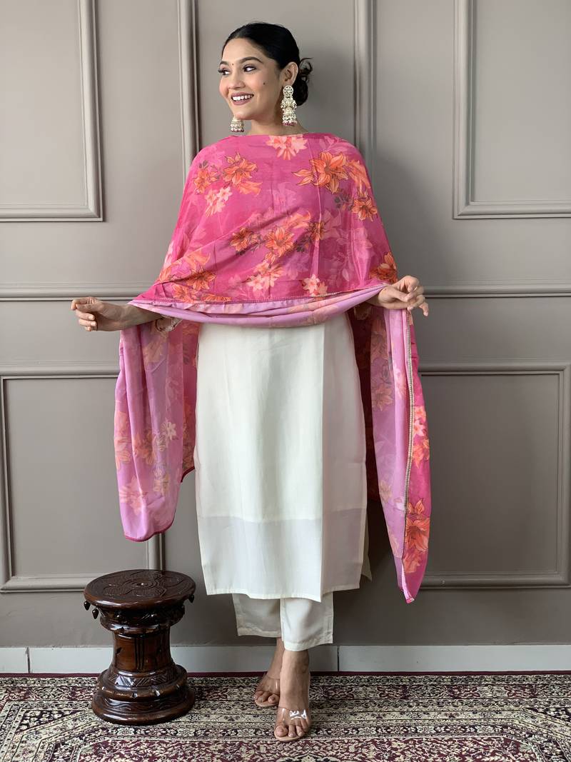 Floral Chanderi Silk Fabric Straight Kurta, Pant and Dupatta Set