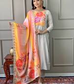 Floral Chanderi Fabric Straight Kurta, Pant and Dupatta Set