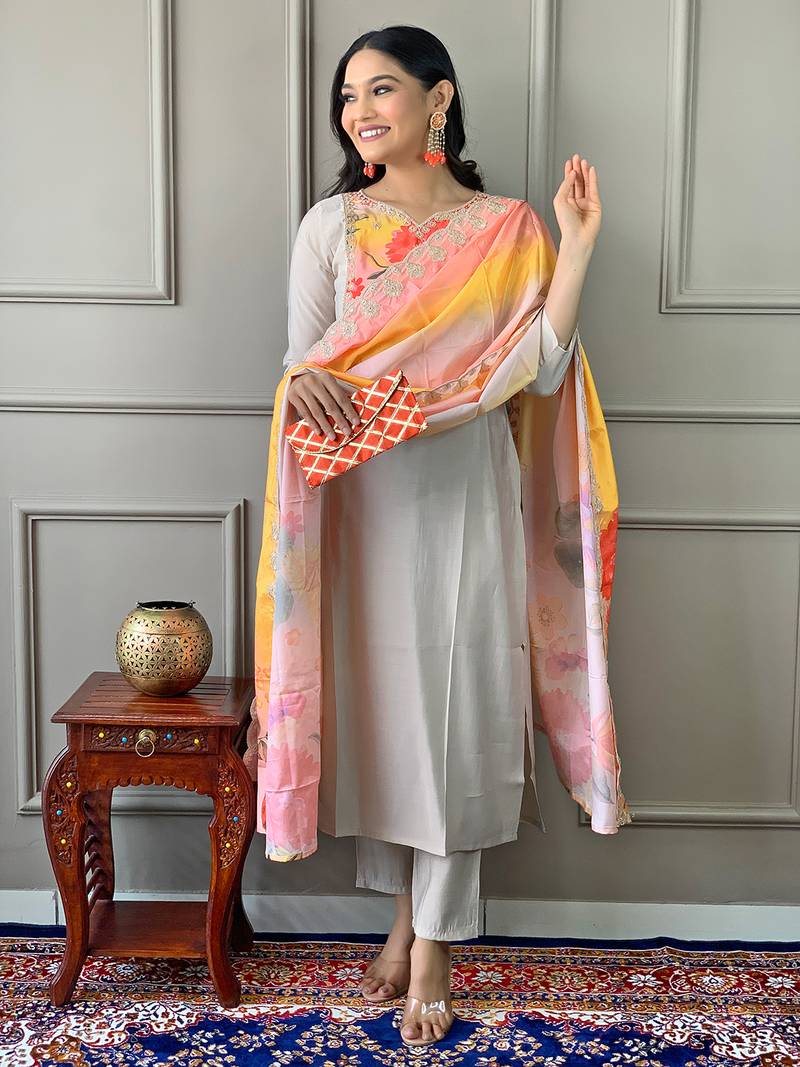 Floral Chanderi Fabric Straight Kurta, Pant and Dupatta Set