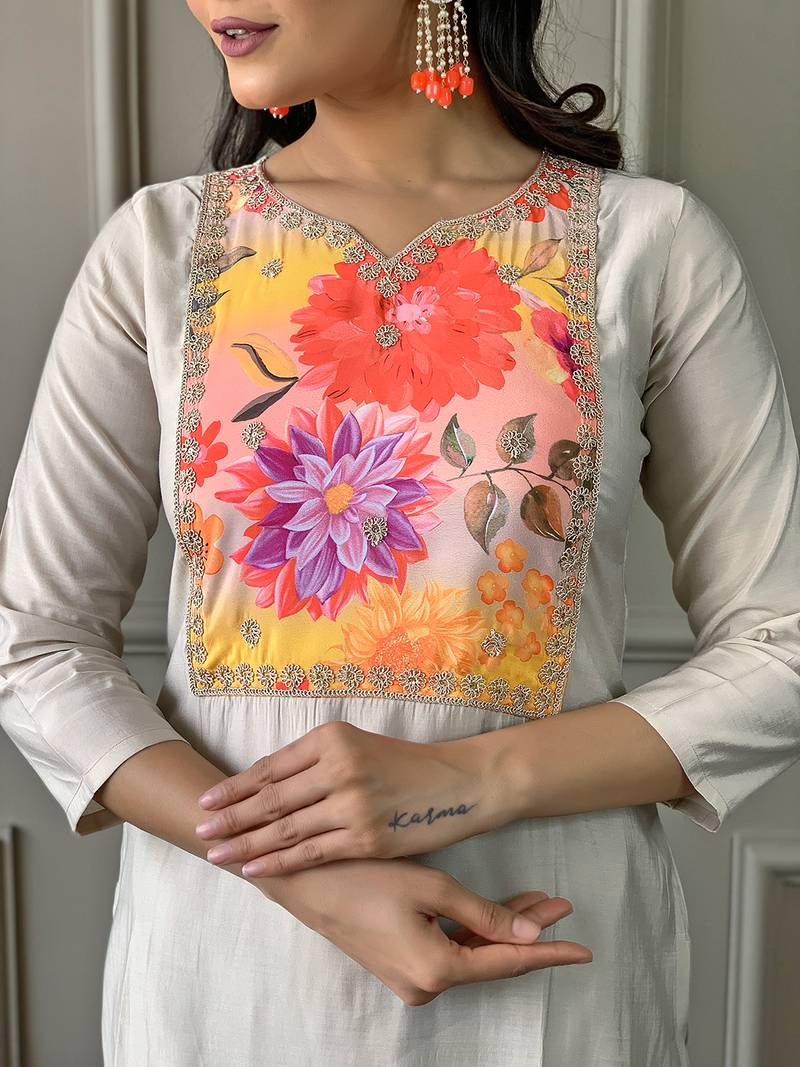 Floral Chanderi Fabric Straight Kurta, Pant and Dupatta Set