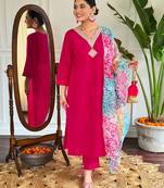 Floral Chanderi Silk Straight Kurta, Pant and Dupatta Set