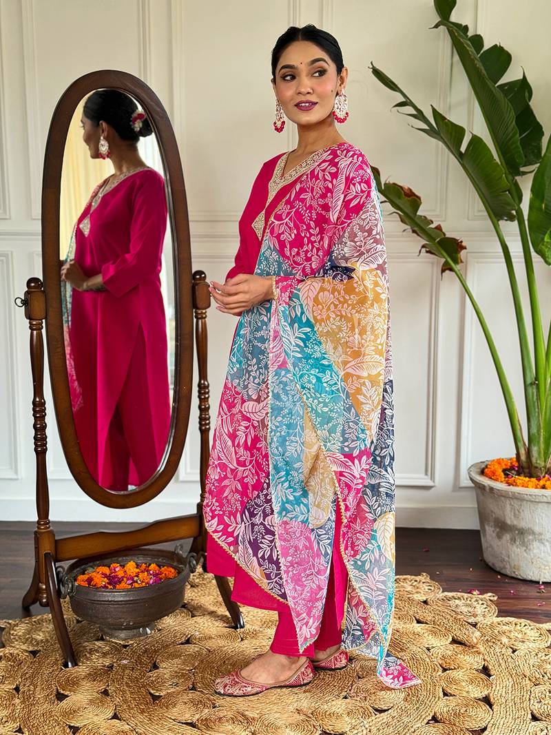 Floral Chanderi Silk Fabric Straight Kurta, Pant and Dupatta Set