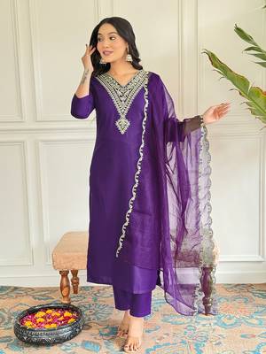 Violet Rayon Slub Straight Kurta, Pant and Dupatta Set 1
