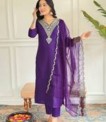 Violet Rayon Slub Fabric Straight Kurta, Pant and Dupatta Set