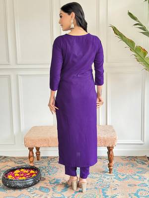 Violet Rayon Slub Straight Kurta, Pant and Dupatta Set 2