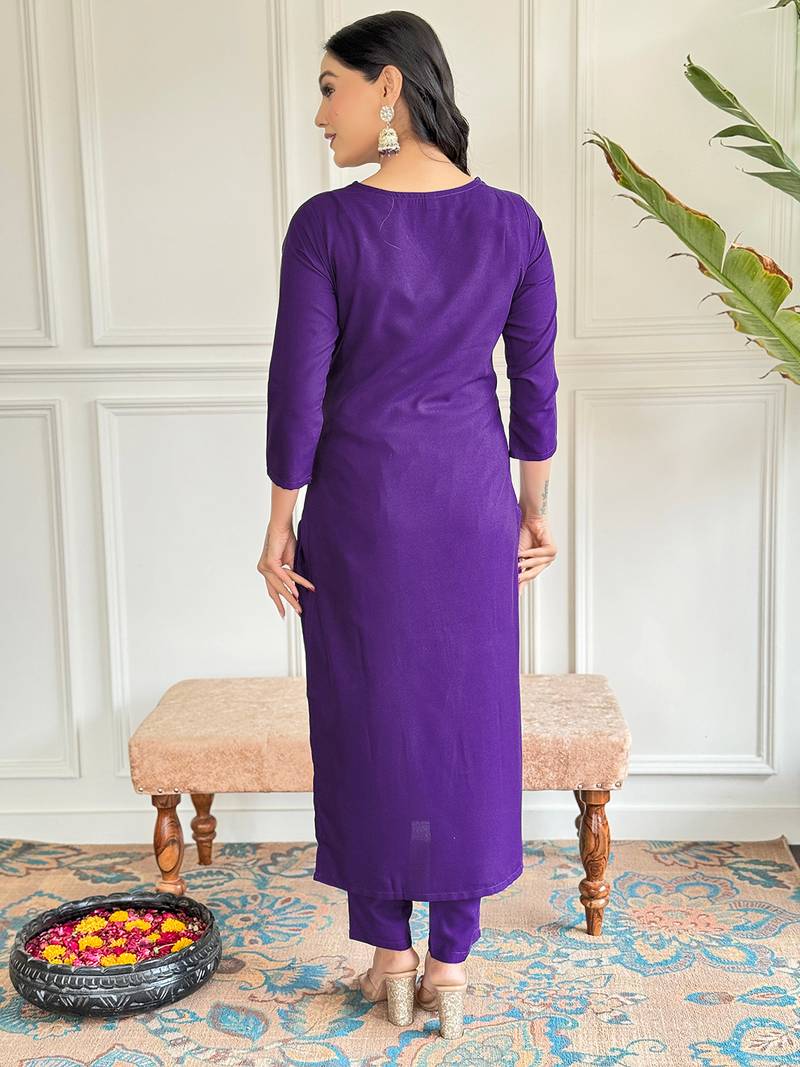 Violet Rayon Slub Fabric Straight Kurta, Pant and Dupatta Set