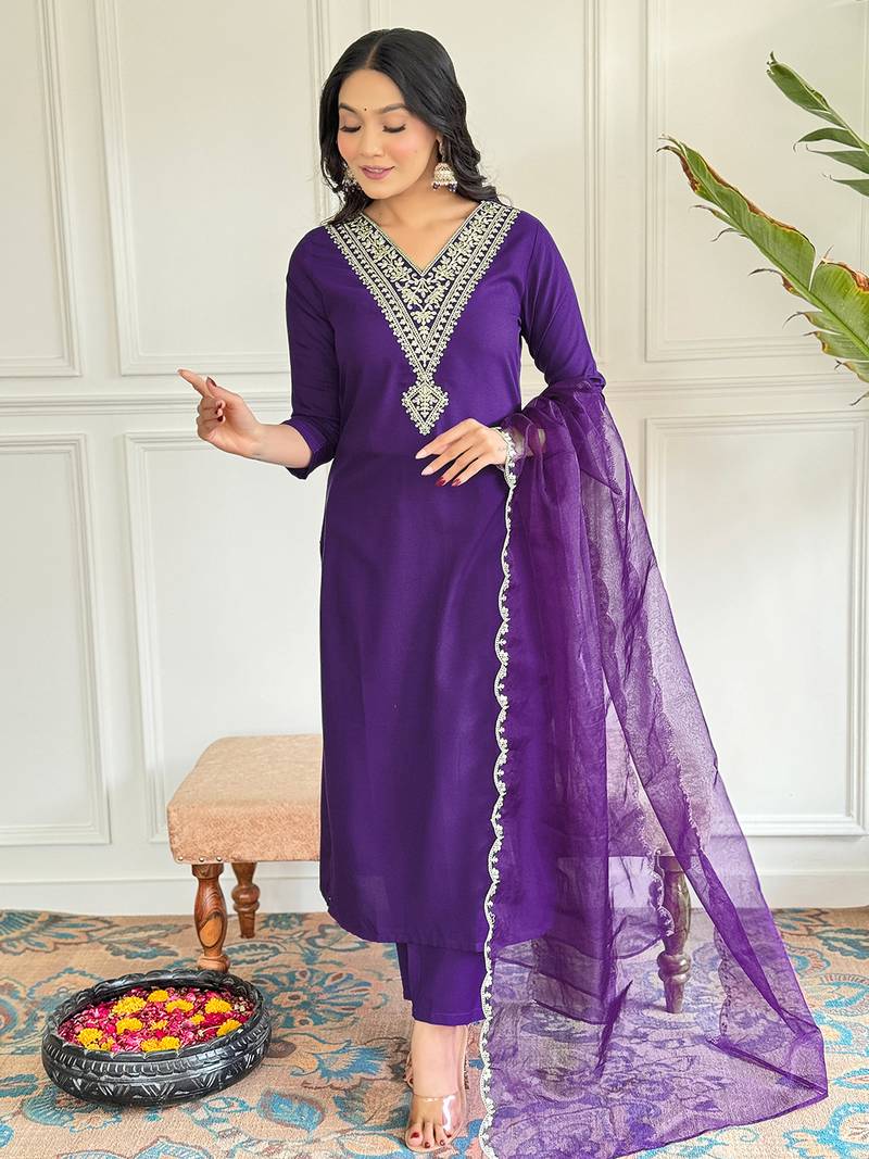 Violet Rayon Slub Fabric Straight Kurta, Pant and Dupatta Set