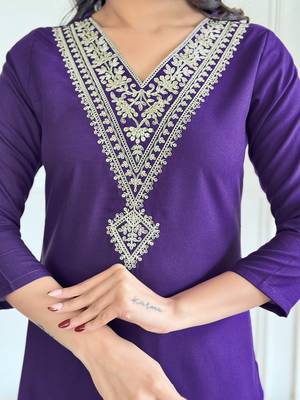 Violet Rayon Slub Straight Kurta, Pant and Dupatta Set 4