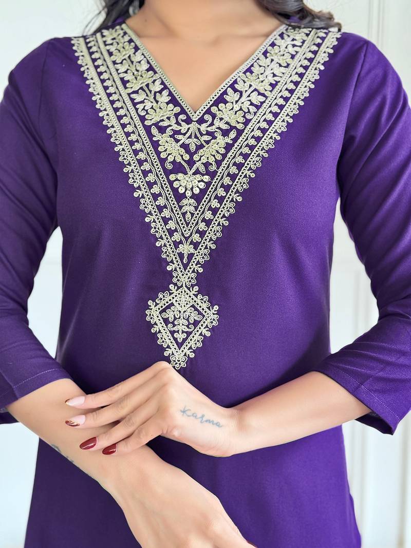 Violet Rayon Slub Fabric Straight Kurta, Pant and Dupatta Set