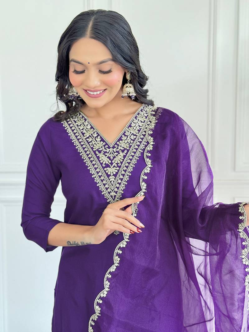 Violet Rayon Slub Fabric Straight Kurta, Pant and Dupatta Set