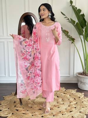 Pink Rayon Slub Fabric Straight Kurta, Pant and Dupatta Set 1